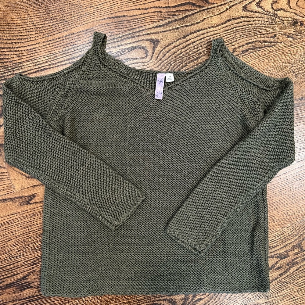 Boutique Cold Shoulder Green Sweater- V Neck (soft)